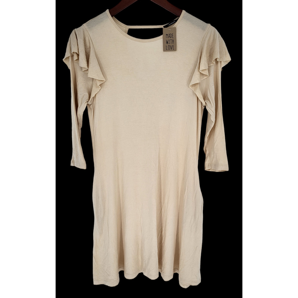 Annabelle Tan Beige Soft Rayon Ruffle Shoulder Dress Women's S
